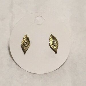 Vintage 14K white and yellow gold leaf shaped earrings w/ diamonds